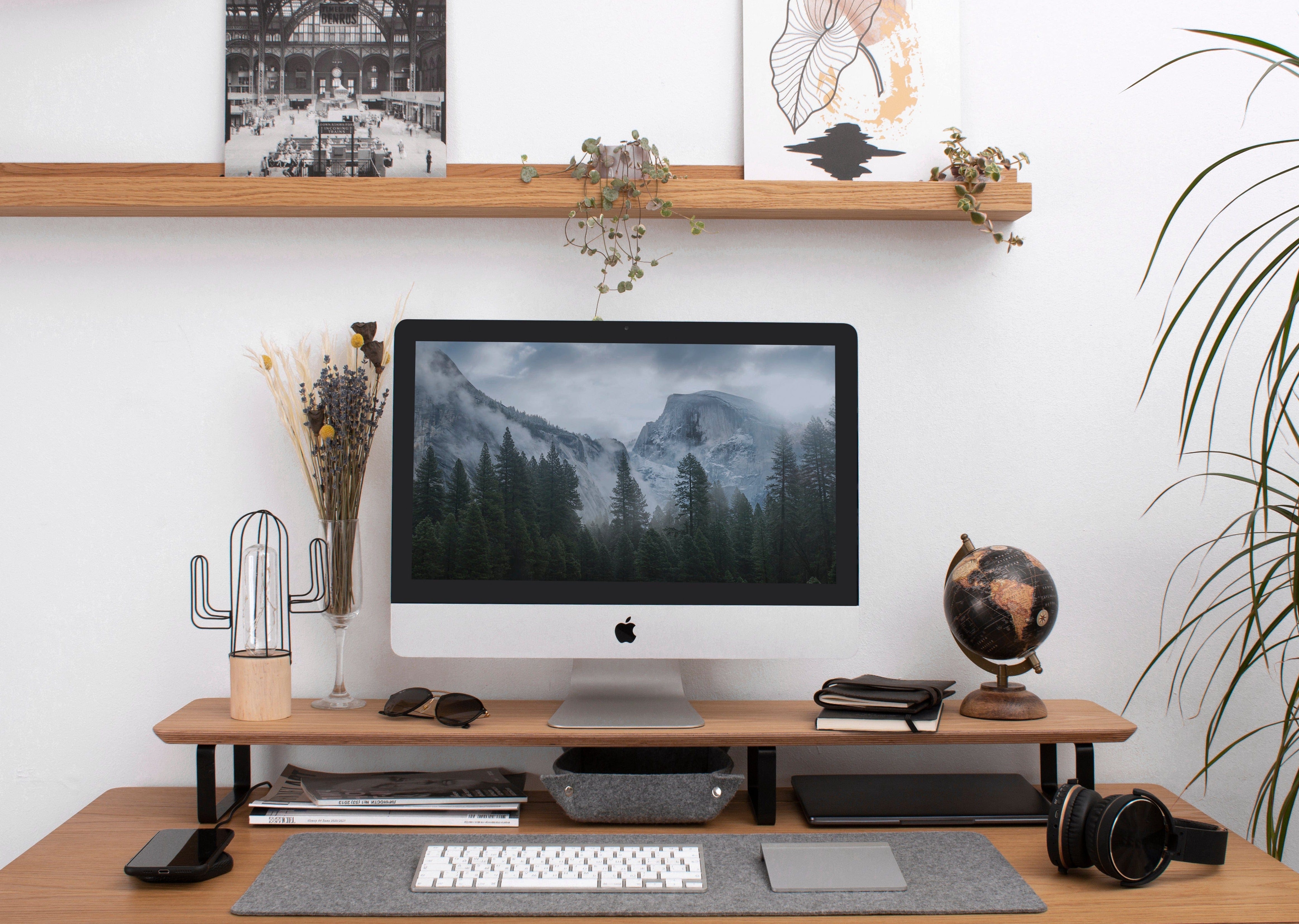 Wooden monitor stand with metal legs