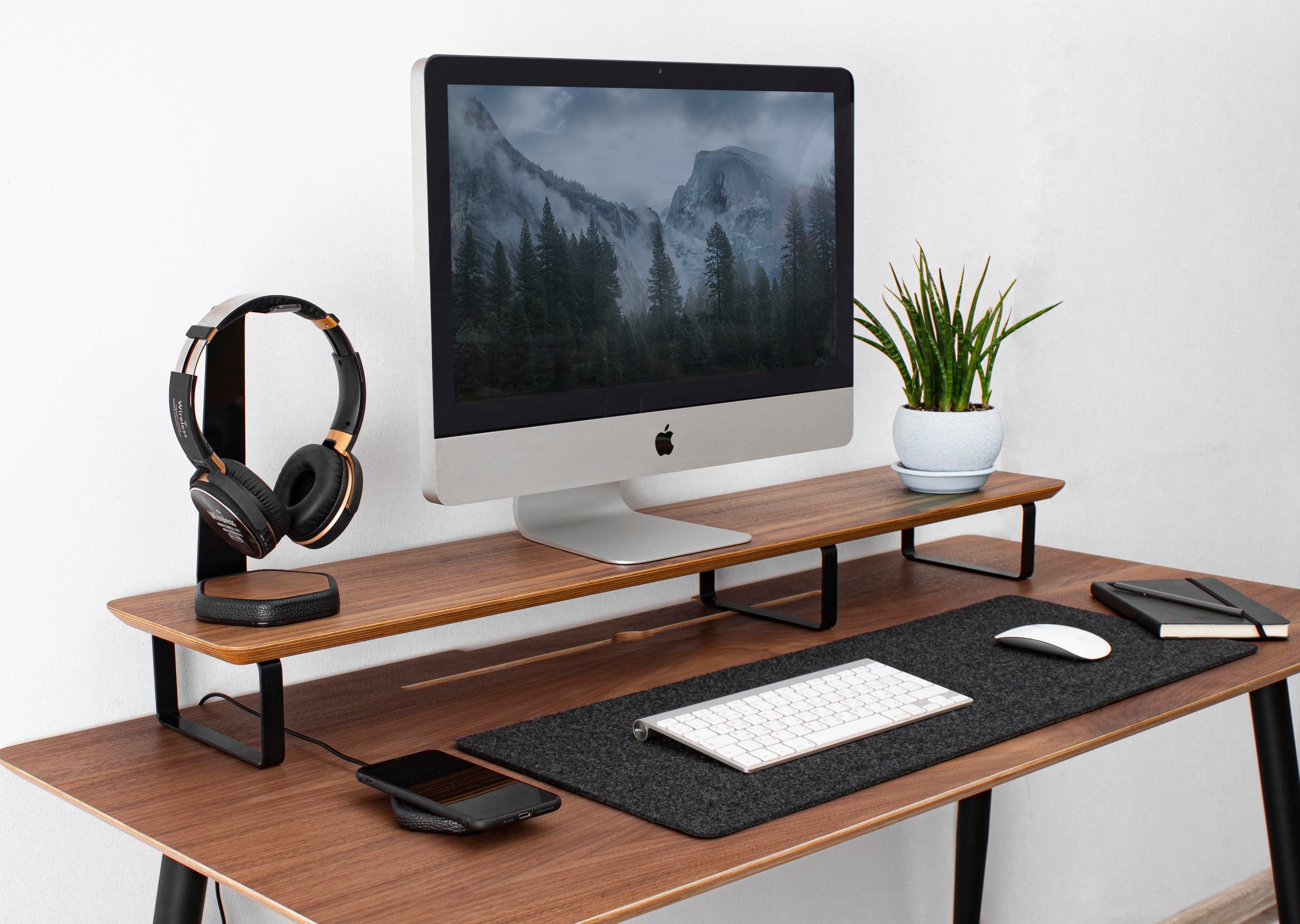 Wooden monitor stand with metal legs
